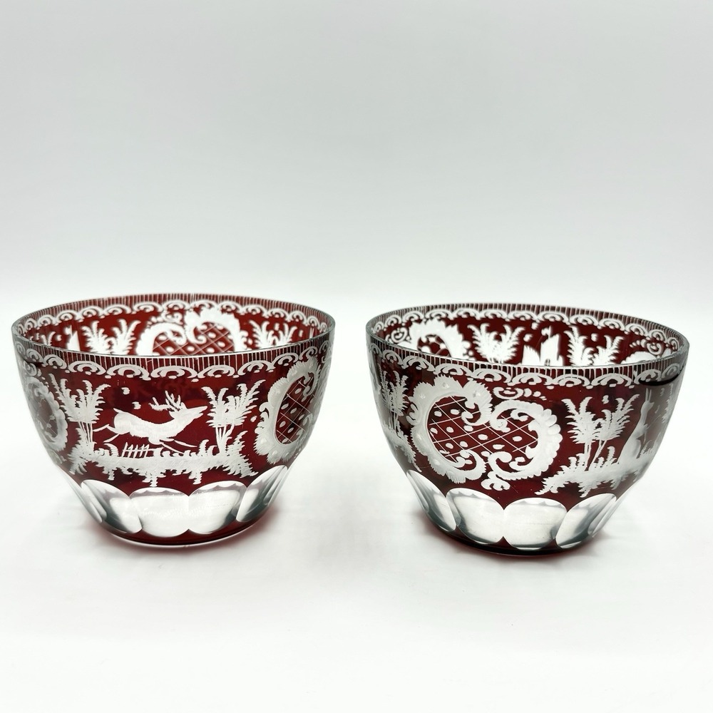 2 Vintage Egermann Bohemian Ruby Red 4" Dessert Dip Bowls Deer Stag Rabbit